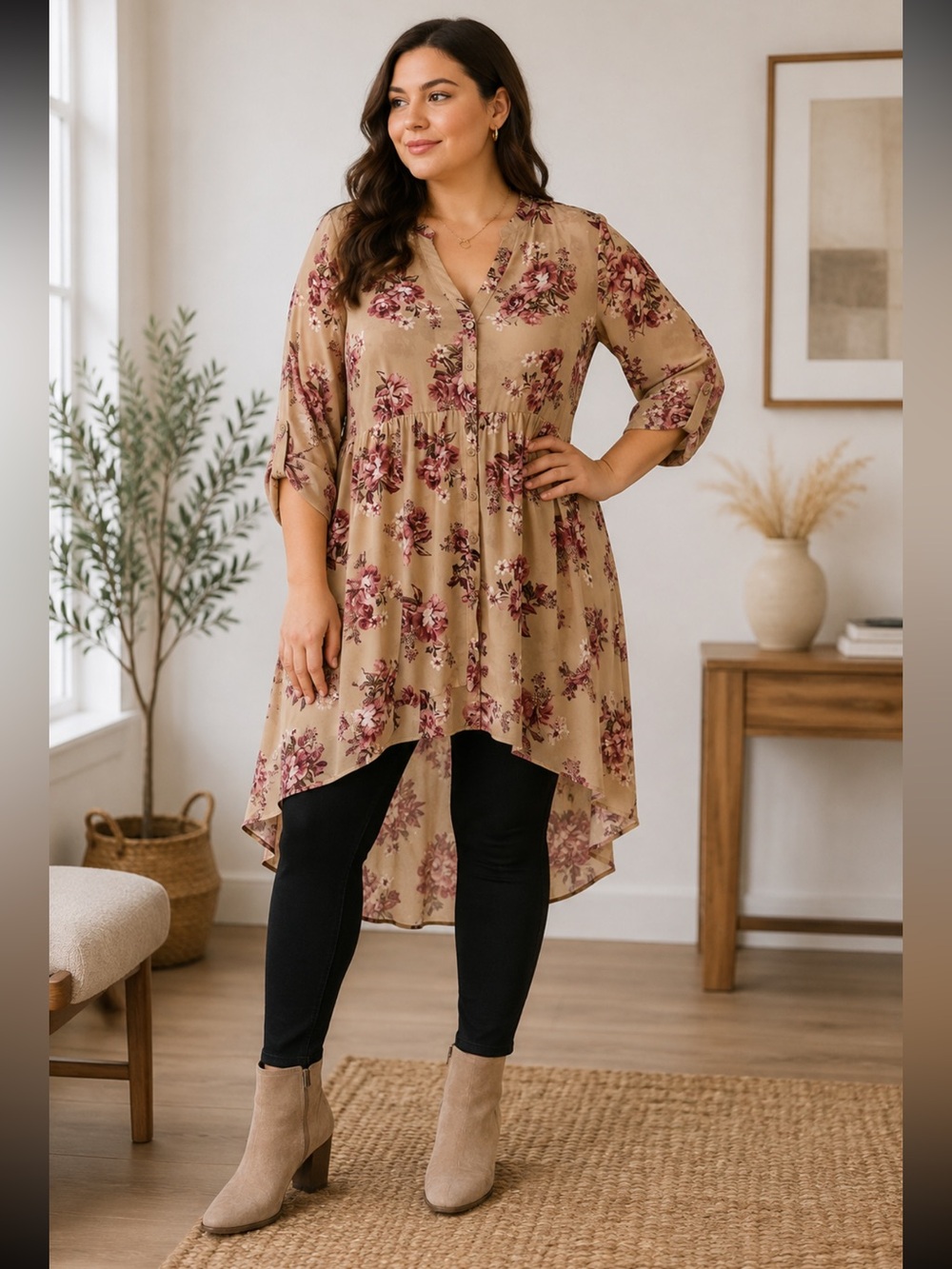 Torrid Floral Babydoll Dress Button Front Hi Low Hem Long Sleeve 0X/12